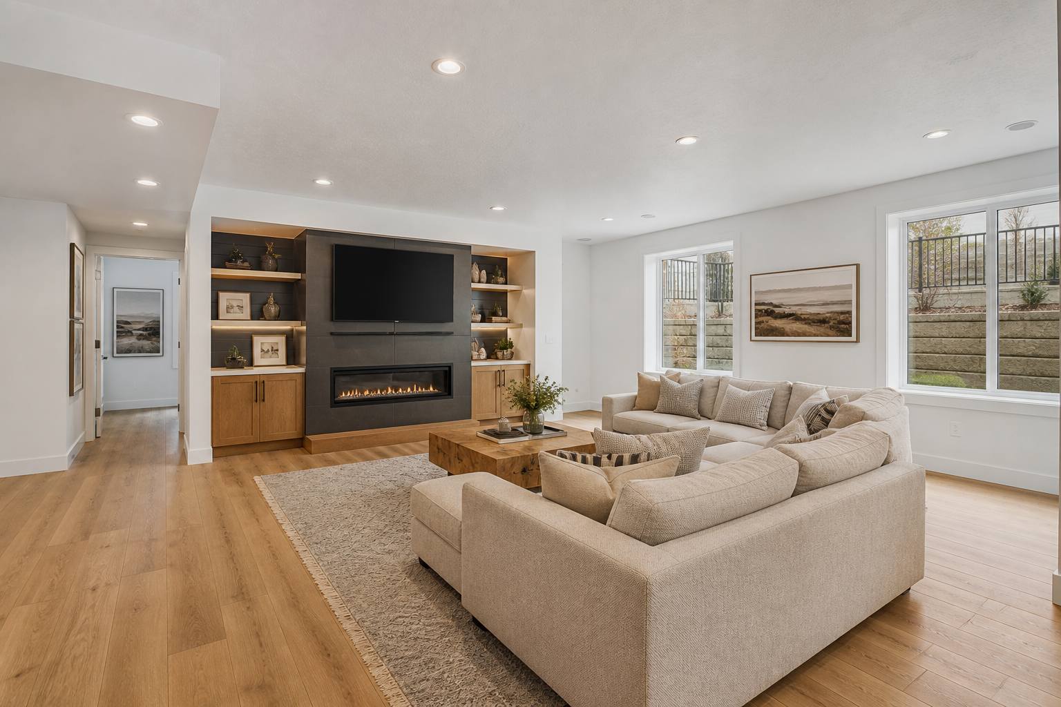 Finished Utah basement family room with fireplace and built-ins